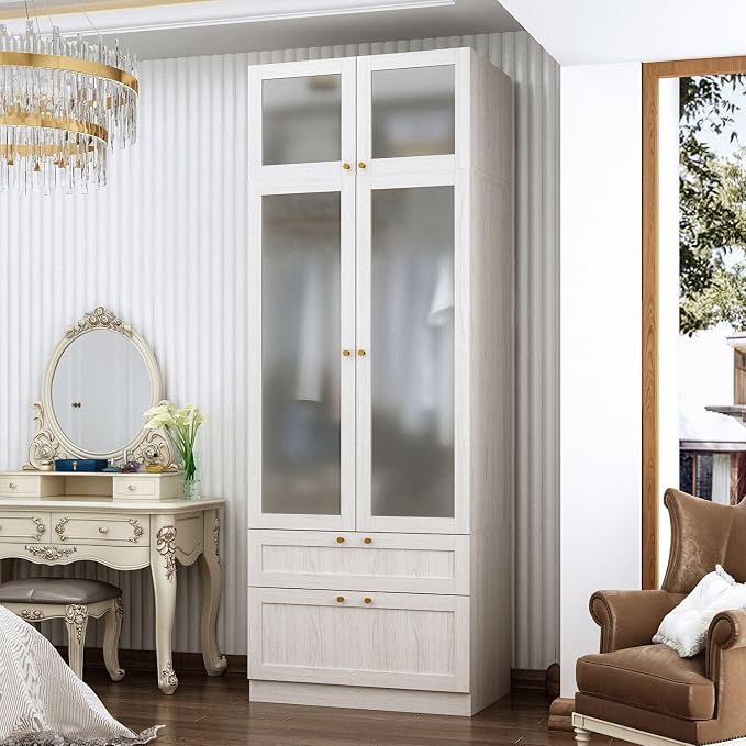 MOUMON Tall Wardrobe with Drawers, Modern Bedroom Armoires with Frosted Glass Doors and Hanging Rod, Armoire Wardrobe Closet with Gold Knobs, Wood Grain 31.5" W x 19.9" D x 86.6" H
