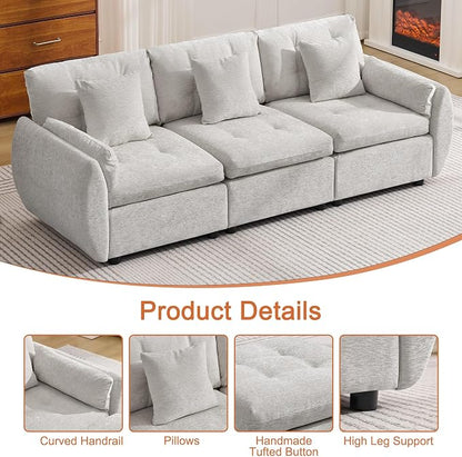 84" Modular Cloud Sofa, Deep Seat Tufted Chenille 3-Seater Sectional Couch with Curved Arms, Comfy Sofas for Living Room, Light Grey