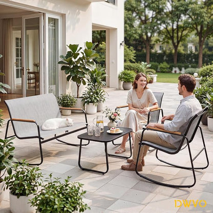 DWVO 4-Piece Patio Furniture Set, Textilene Conversation Set with Wooden Armrest Rocking Chairs and Tempered Glass Table for Indoor Outdoor Patio Lawn Garden Poolside, Grey