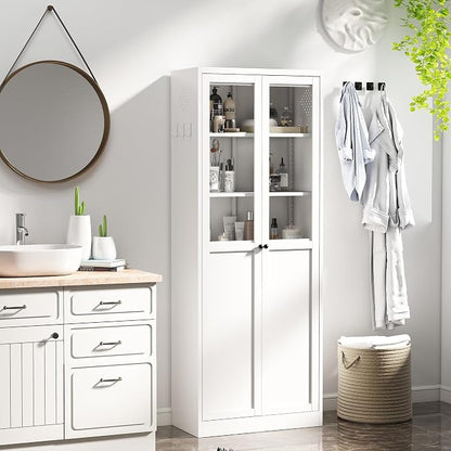 Kitchen Pantry Storage Cabinet, 72" H Storage Cabinet with Doors and Adjustable Shelves, Spacious Cupboard with 2 Handles, Metal Kitchen Cabinet for Dining Room, Living Room, White