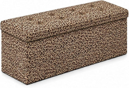 ALASDO 43 Inch Folding Storage Ottoman Bench with Hidden Storage, PU Leather Ottoman Foot Rest Stool, End of Bed Bench for Bedroom, Living Room, Entryway and Closet, Leopard Print