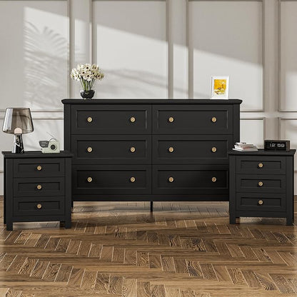 Farmhouse Dresser Nightstand Sets, 3-Piece Bedroom Furniture Set for Home | 6 Drawer Dresser Closet & 3 Drawer Nightstand Set of 2, Chest of Drawers for Bedroom, Living Room, Entryway, Black