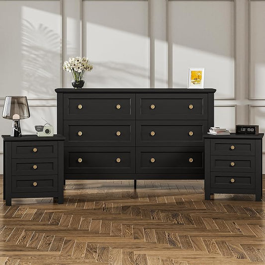 Farmhouse Dresser Nightstand Sets, 3-Piece Bedroom Furniture Set for Home | 6 Drawer Dresser Closet & 3 Drawer Nightstand Set of 2, Chest of Drawers for Bedroom, Living Room, Entryway, Black