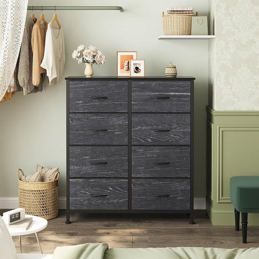 Sweetcrispy 8 Drawer Fabric Dresser for Bedroom, Tall Dresser, Black Wood | Chest of Drawers with Sturdy Steel Frame and Wooden Top, Storage Organizer with Easy Pull Handles