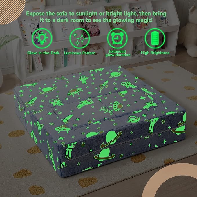 MeMoreCool Modular Kids Couch, Glow Play Toddler Couch for Bedroom Playroom, Convertible Foam Kids Sofa Bed, Fold Out Baby Sofa for Girl Boy, Denim Rocket