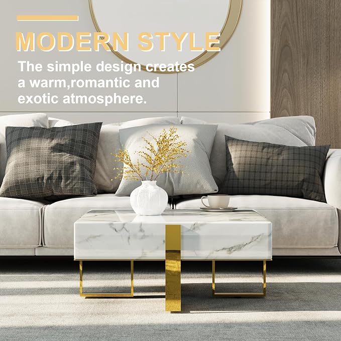 White and Gold Coffee Table, Modern Luxury Square Coffee Table with Faux Marble Tabletop and Polished Stainless Steel Legs for Living Room Apartment Office