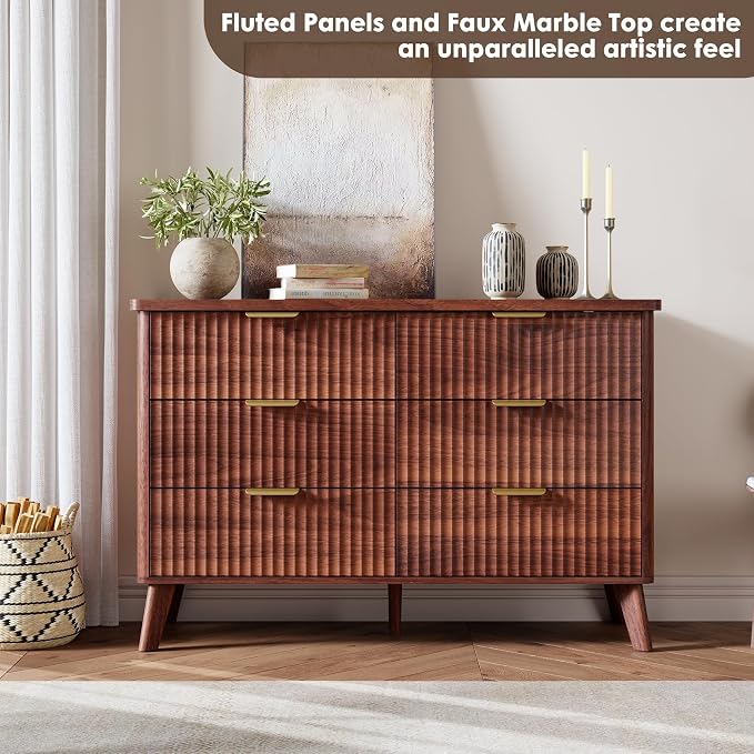 GarveeHome Fluted Dresser for Bedroom with 6 Deep Drawers, 47.2 in Wide Modern Chest of Drawers, Wooden Dresser TV Stand, Curved Profile Design, for Living Room, Kids Room, Hallway, Walnut