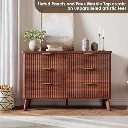 GarveeHome Fluted Dresser for Bedroom with 6 Deep Drawers, 47.2 in Wide Modern Chest of Drawers, Wooden Dresser TV Stand, Curved Profile Design, for Living Room, Kids Room, Hallway, Walnut