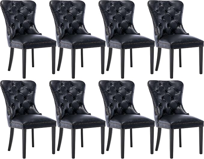 CIMOTA Black Leather Dining Chairs Set of 8 Mid Century Modern Dining Room Chairs Tufted Upholstered Kitchen Dining Chairs Comfortable Side Chairs with Nailhead Trim/Ring Back (PU /8PCS)
