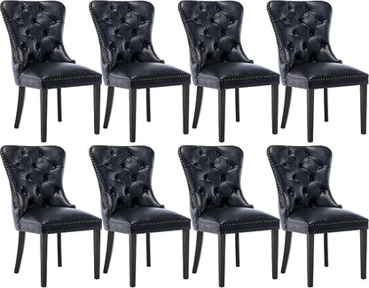 CIMOTA Black Leather Dining Chairs Set of 8 Mid Century Modern Dining Room Chairs Tufted Upholstered Kitchen Dining Chairs Comfortable Side Chairs with Nailhead Trim/Ring Back (PU /8PCS)