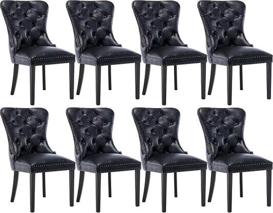 CIMOTA Black Leather Dining Chairs Set of 8 Mid Century Modern Dining Room Chairs Tufted Upholstered Kitchen Dining Chairs Comfortable Side Chairs with Nailhead Trim/Ring Back (PU /8PCS)