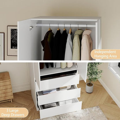White Armoire Wardrobe Closet: 75" Large Wardrobe Closet with 2 Doors, Modern Bedroom Armoires with 3 Drawers, Tall Wood Closets for Bedroom
