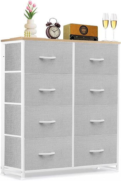 8-Drawer Dresser for Bedroom, Anti-Tip Tall Storage Organizer Chest of Drawers with Wooden Top and Metal Frame Fabric Bins for Closet, Living Room, Hallway, Entryway, Light Gray