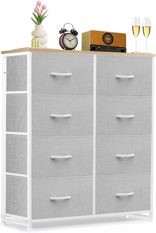 8-Drawer Dresser for Bedroom, Anti-Tip Tall Storage Organizer Chest of Drawers with Wooden Top and Metal Frame Fabric Bins for Closet, Living Room, Hallway, Entryway, Light Gray