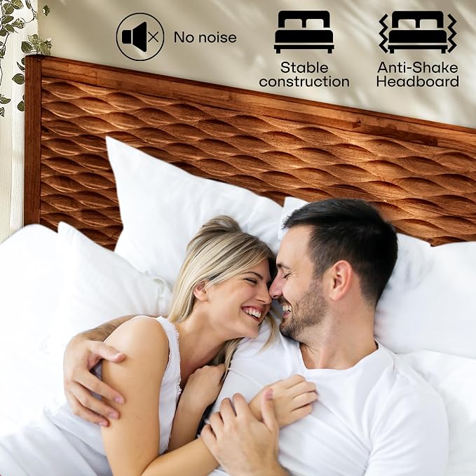 Acacia Elara Queen Platform Bed Frame – Solid Wood Mid-Century Modern Bed with Headboard, Spearhead Grain, Walnut Finish, 800lbs Support, No Box Spring, Easy Assembly with Tools