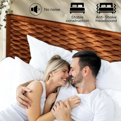 Acacia Elara Queen Platform Bed Frame – Solid Wood Mid-Century Modern Bed with Headboard, Spearhead Grain, Walnut Finish, 800lbs Support, No Box Spring, Easy Assembly with Tools