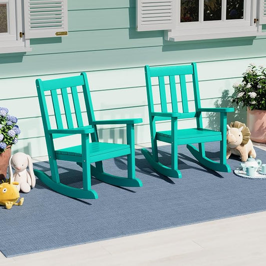Costaelm Paradise Kids Outdoor Preschool HDPE Plastic Rocking Chair (Set of 2), Turquoise