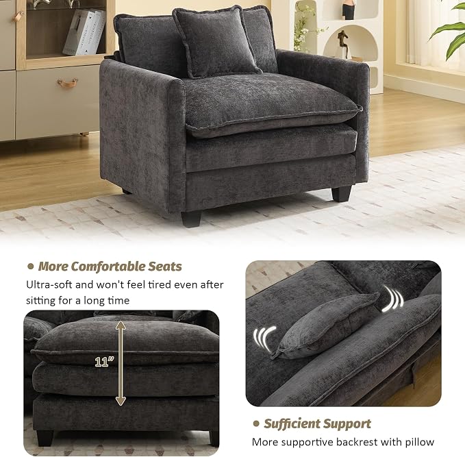 WUTUTUEE 41'' Modern Chenille Oversized Chair, Upholstered Accent Living Room Chair with Extra Thicked Deep Seat, Single Lounge Chair for Bedroom, Small Apartment, Dark Grey