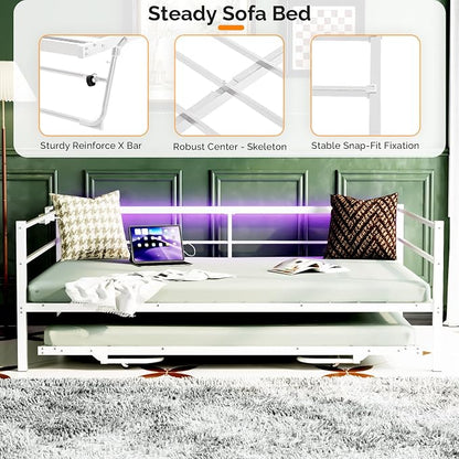 VINGLI White Full Daybed with Pop Up Trundle, Metal Sofa Day Bed Frame with LED Lights and Charging Station, Platform Bed with Trundle Bed Twin, Sturdy Steel Slats Support