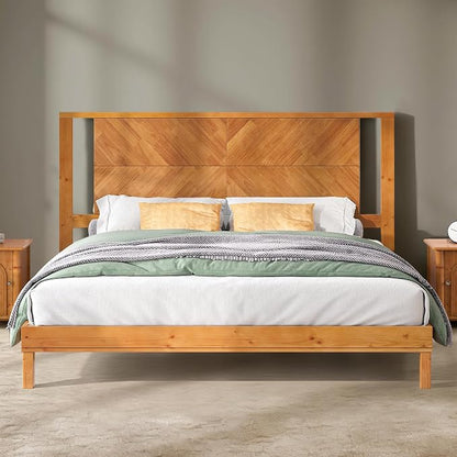 AMERLIFE Solid Wood King Size Bed Frame with Headboard, Mid Century Modern Style Platform Bed with Under-Bed Storage, No Box Spring Needed, Noise Free, Easy Assembly, Light Brown