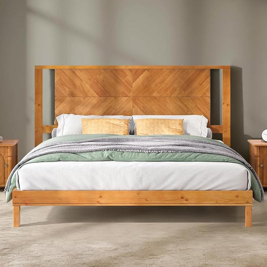 AMERLIFE Solid Wood King Size Bed Frame with Headboard, Mid Century Modern Style Platform Bed with Under-Bed Storage, No Box Spring Needed, Noise Free, Easy Assembly, Light Brown