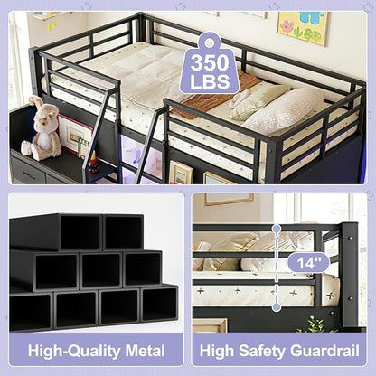 Bellemave Low Loft Bed Twin Size with Storage Shelves & Fabric Drawers, Metal Twin Loft Bed for Kids with LED Lights & Under-Bed Play Area, Low Loft Bed Frame for Bedroom, No Box Spring Needed, Black