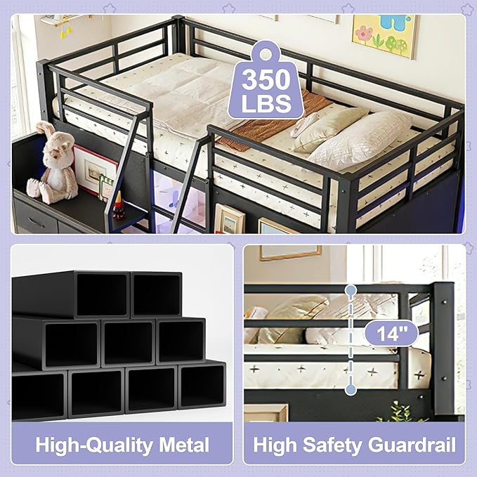 Bellemave Low Loft Bed Full Size with Storage Shelves & Fabric Drawers, Metal Full Loft Bed for Kids with LED Lights & Under-Bed Play Area, Low Loft Bed Frame for Bedroom, No Box Spring Needed, Black