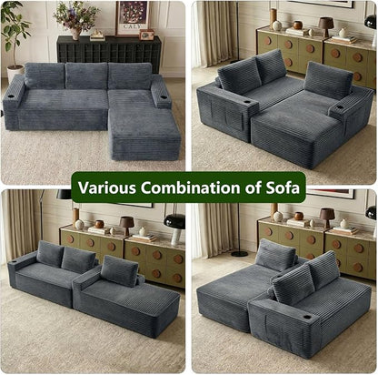104.3" Modular Sectional Sofa,Modern Corduroy Cloud Couch with Cup Holder & Side Pockets,Boneless Couch Upholstered 4-Seater L-Shaped Sofa for Living Room,No Assembly (Dark Grey, Right-Facing Chaise)