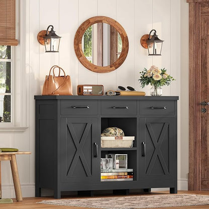 TEENFON Storage Cabinet, Coffee Bar Cabinet with 3 Drawers, 2 Adjustable Shelves & 2 Doors, Buffet Cabinet, Kitchen Cabinet for Kitchen, Dining Room, Living Room, Black