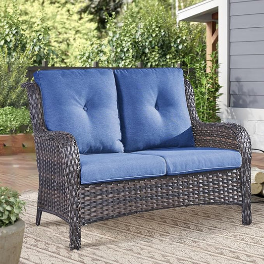 Outdoor Loveseat Sofa-2 Seater Rattan Wicker Patio Couch High Back Patio Sofa for Porch Deck Backyard-Brown/Blue