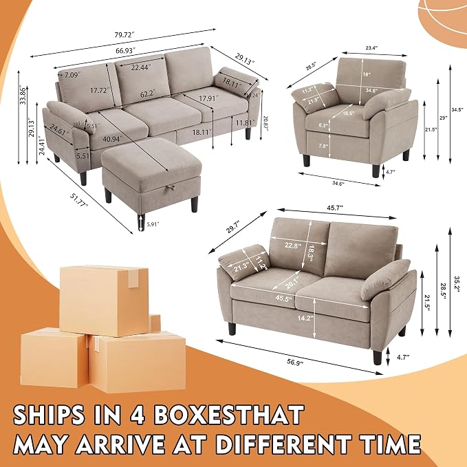 4 Piece Convertible Sectional Sofa Set, Modern Linen Small L Shaped Couch with Reversible Chaise, 3-Seater Sofa & Loveseat & Armchair for Living Room, Office, Apartment, Beige