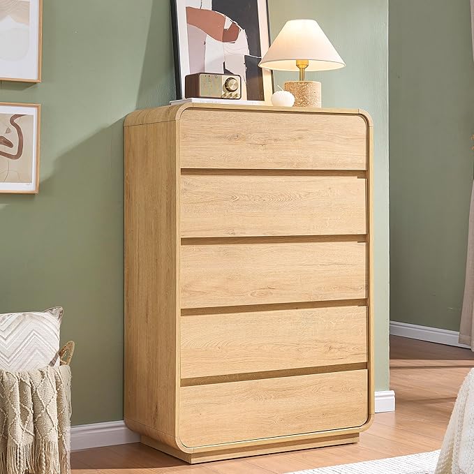 Standifurno Natural 5 Drawer Dresser, Modern Dresser with Storage, Chest Drawers with Wood Grain Texture, Drawers Organizer for Bedroom, Living Room, Hallway.