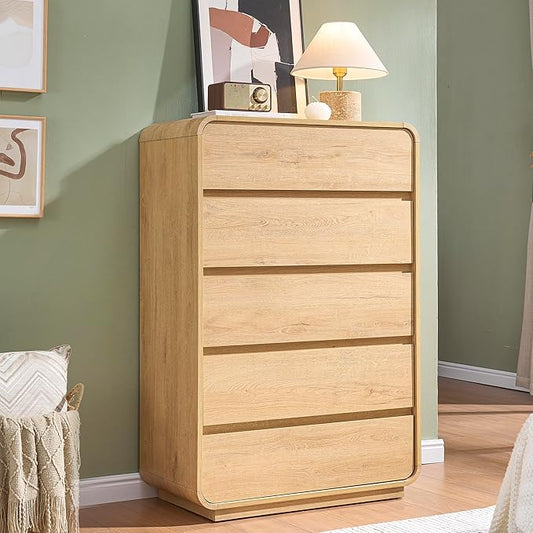 Standifurno Natural 5 Drawer Dresser, Modern Dresser with Storage, Chest Drawers with Wood Grain Texture, Drawers Organizer for Bedroom, Living Room, Hallway.