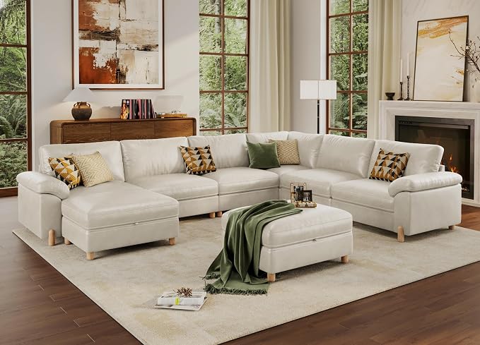 SITJOY Large Cloud Couch, 138" Wide 6 Seater V Shape, Faux Leather in White | Pet-Friendly Scratch-Resistant Leather Sectional Sofas for Living Room, Deep Seat Wide Couch with Chaise, Storage Ottoman