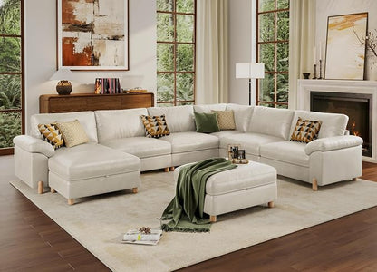 SITJOY Large Cloud Couch, 138" Wide 6 Seater V Shape, Faux Leather in White | Pet-Friendly Scratch-Resistant Leather Sectional Sofas for Living Room, Deep Seat Wide Couch with Chaise, Storage Ottoman