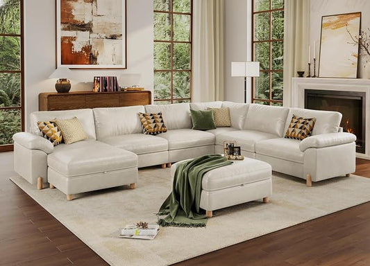SITJOY Large Cloud Couch, 138" Wide 6 Seater V Shape, Faux Leather in White | Pet-Friendly Scratch-Resistant Leather Sectional Sofas for Living Room, Deep Seat Wide Couch with Chaise, Storage Ottoman