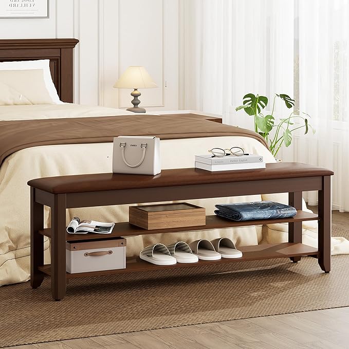 Homleke 2-Tier Solid Wood Shoe Rack Bench with Flip-Top Storage | Entryway Bench with Cushion, Adjustable Shelf, Holds Up to 12 Pairs, for Hallway, Bedroom and Closet, Walnut, 47.2 Inch