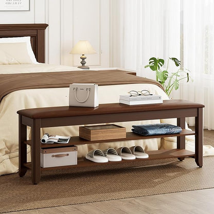 Homleke 2-Tier Solid Wood Shoe Rack Bench with Flip-Top Storage | Entryway Bench with Cushion, Adjustable Shelf, Holds Up to 12 Pairs, for Hallway, Bedroom and Closet, Walnut, 47.2 Inch