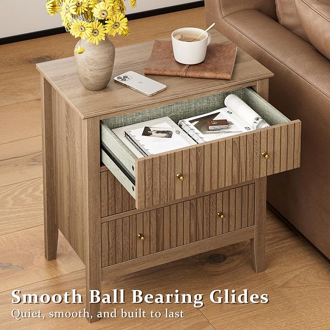 Night Stand, Fluted 3 Drawer Wide Farmhouse Nightstand with Gold Handle, Modern Wooden Bedside End Table for Bedroom, Living Room, Natural