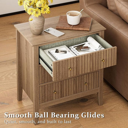 Night Stand, Fluted 3 Drawer Wide Farmhouse Nightstand with Gold Handle, Modern Wooden Bedside End Table for Bedroom, Living Room, Natural