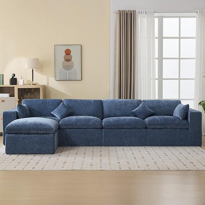 146''Cloud Boneless Sectional Couch, Modular Sectional Sofa Deep Seat with Ottoman, Oversized Upholstered Convertible Comfy 5 Seater Chenille Sofa L Shape Couches for Living Room, Blue