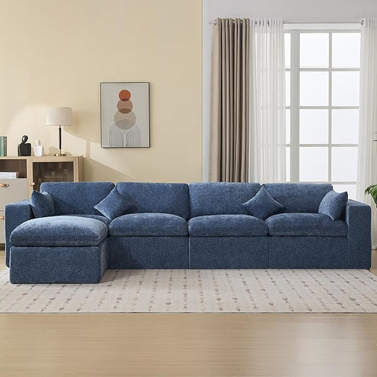 146''Cloud Boneless Sectional Couch, Modular Sectional Sofa Deep Seat with Ottoman, Oversized Upholstered Convertible Comfy 5 Seater Chenille Sofa L Shape Couches for Living Room, Blue