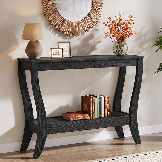 Solid Wood Console Table with Storage, 41.3-Inch Farmhouse Entryway Table with Shelf, 2-Tier Wooden Sofa Table for Living Room, Hallway, Foyer (Black)