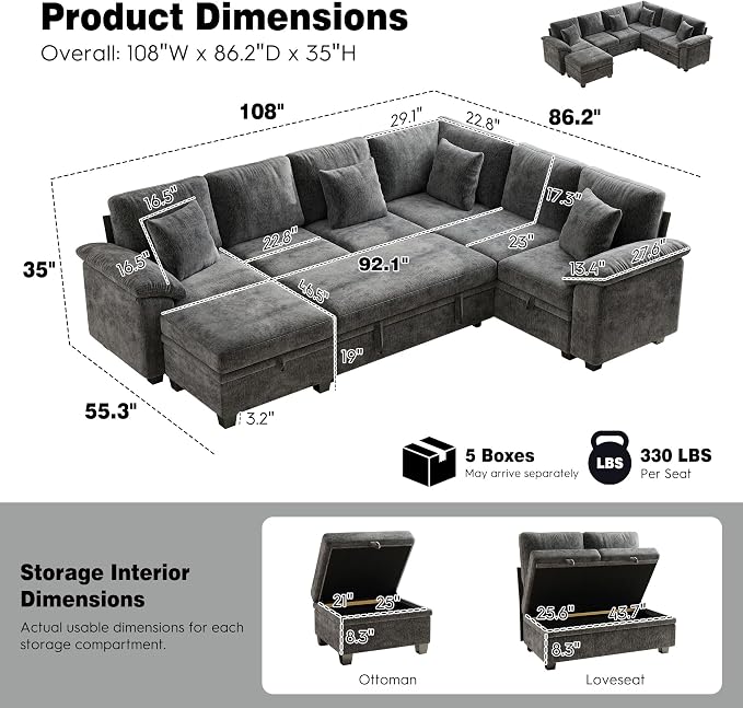 Ihanherry 108" Modular Sectional Sofa with Pull Out Bed, 7-Seater L Shaped Sectional Sleeper Couch with Storage, Chenille Convertible Couches for Living Room, Apartment (Grey)