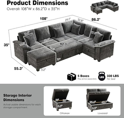 Ihanherry 108" Modular Sectional Sofa with Pull Out Bed, 7-Seater L Shaped Sectional Sleeper Couch with Storage, Chenille Convertible Couches for Living Room, Apartment (Grey)
