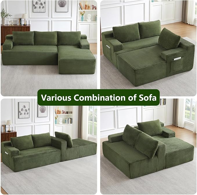 96" Modular Sectional Sofa, Modern Corduroy Cloud Couch, Boneless Couch Upholstered 3-Seater L-Shaped Sofa for Living Room, No Assembly Required (Green, Right-Facing Chaise)