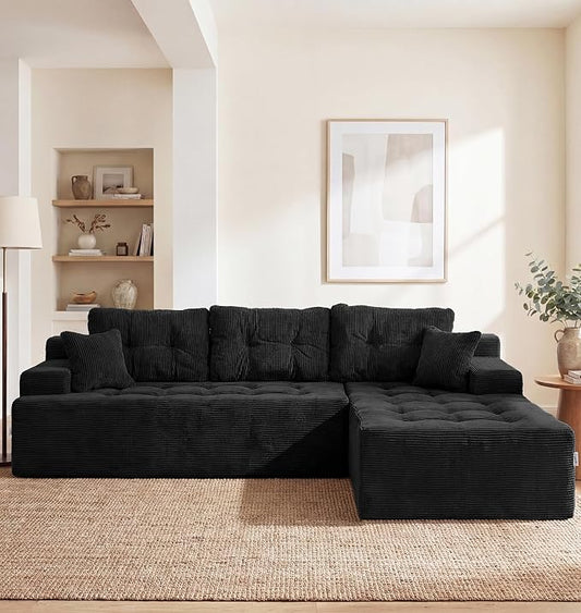 Hobestluk Modular Sectional Sofa Couches L-Shape Couch 3 Seat Modular Sofa Memory Foam Sectional Couches for Living Room, Cloud Couch with Oversized Chaise (Ebony Corduroy, 96", Right Hand Facing)