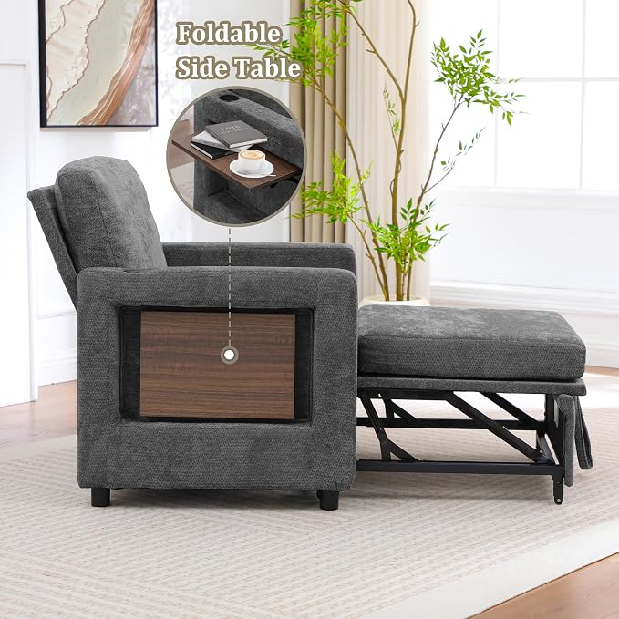 3 in 1 Folding Convertible Sleeper Sofa Bed Pull Out Couch with Side Pockets Side Table USB Port Single Sofa Bed with Adjustable Backrest for Living Room Bedroom Office 66" Darkgrey 1 SEAT
