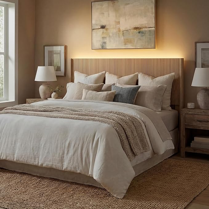 King Size Headboard Only, Modern Fluted Wall-Mounted Head Board with Lighting, Boho Wood Bed headboard Stylish Bedroom Decor, Natural