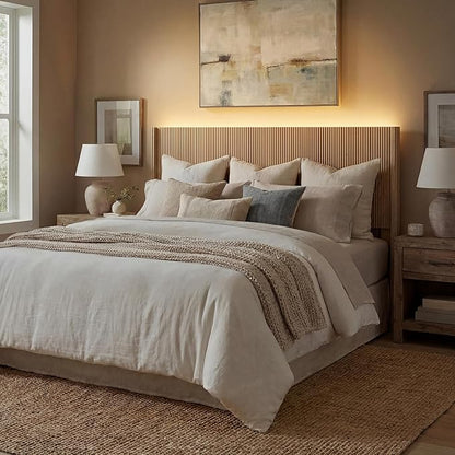 King Size Headboard Only, Modern Fluted Wall-Mounted Head Board with Lighting, Boho Wood Bed headboard Stylish Bedroom Decor, Natural